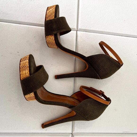 Tory Burch Amina Women Sandal Sz 7.5M Olive Woven Platform High Heel Ankle Strap - Picture 10 of 16